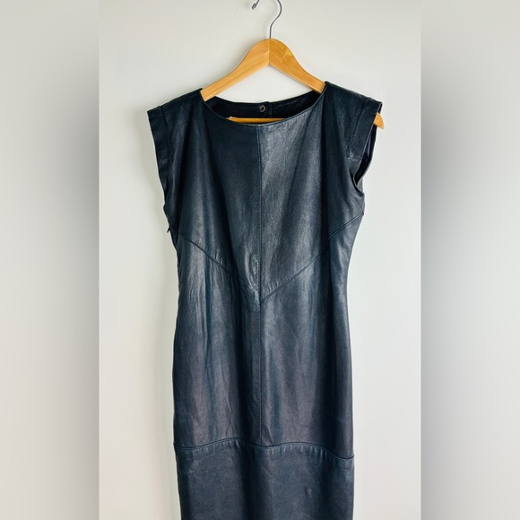 Vintage Bagatelle Soft Navy Embossed Leather midi length Pencil Dress. - Picture 2 of 9